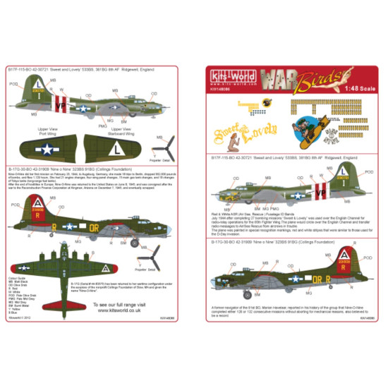 Kits World Kw148086 1/48 Decal For Boeing B-17f/G Flying Fortress