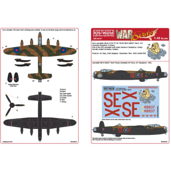 Kits World Kw148107 1/48 Decal For Avro Lancaster B.i Se-x Kb837 Devil