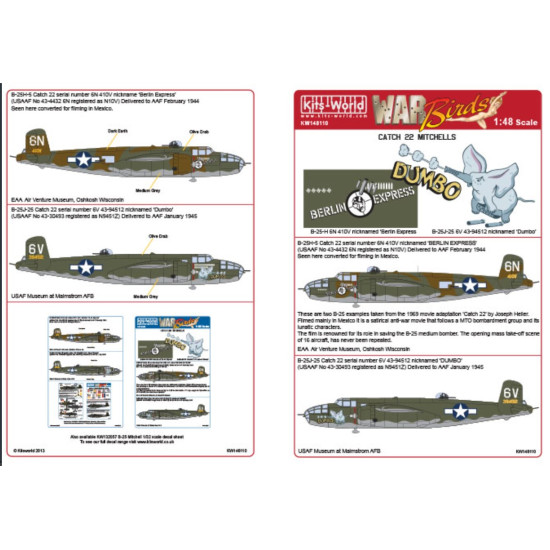 Kits World Kw148110 1/48 Decal For B-25h Mitchell 43-4432 6n Berlin Express