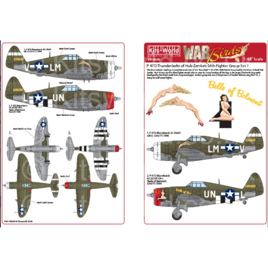 Kits World Kw148200 1/48 Decal For Razorback P 47s Of The 56th Fighter Group