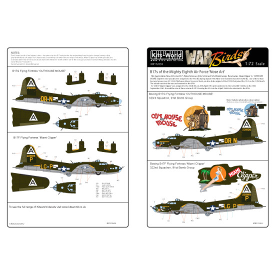 Kits World Kw172059 1/72 Decal For B-17f/G Flying Fortress Accessories Kit