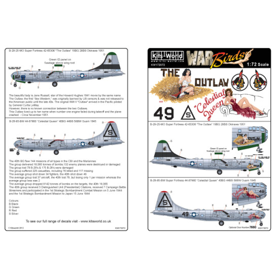 Kits World Kw172072 1/72 Decal For B-29 Super Fortress Accessories Kit