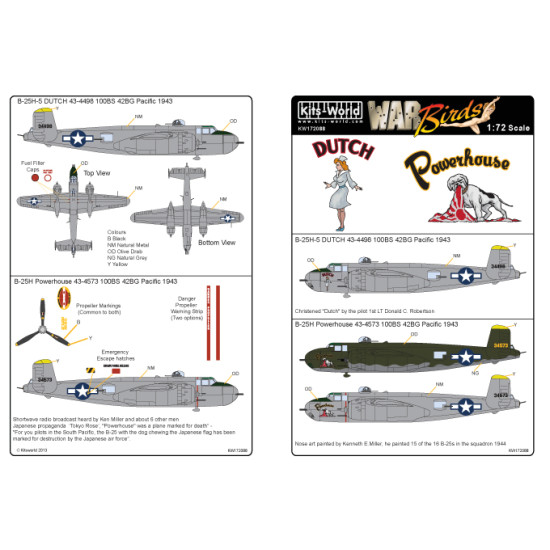 Kits World Kw172088 1/72 Decal For B-25 Mitchell B-25h-5 43-4573