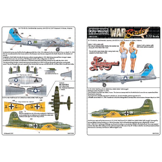 Kits World Kw172130 1/72 Decal For B-17f/G Sentimental Journey Wulf Hound