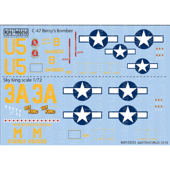 Kits World Kw172131 1/72 Decal For C-47/Dc3 Betsys Biscuit Bomber Sky King