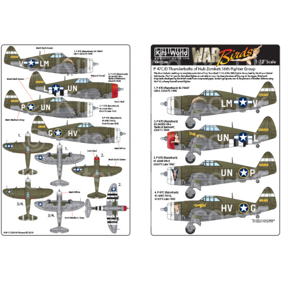 Kits World Kw172209 1/72 Decal For P 47c/D Thunderbolts Of Hub Zemkes 56th Fighter Group