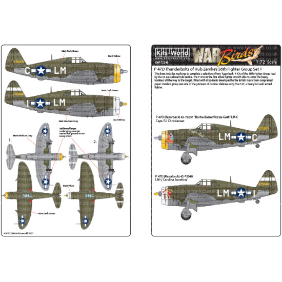 Kits World Kw172246 1/72 Decal For Thunderbolt P-47c/D Razorback Accessories Kit