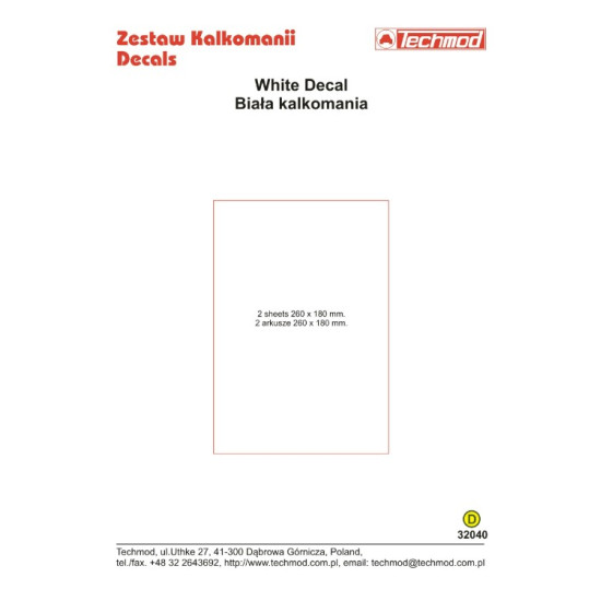 Techmod 32040 1/32 Decal For Biata Kalkomania White Decal Accessories Kit