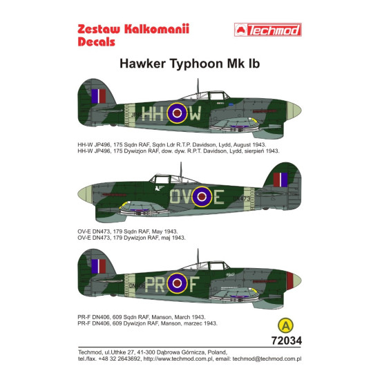 Techmod 72034 1/72 Decal For Hawker Typhoon Mk Ib Accessories For Aircraft