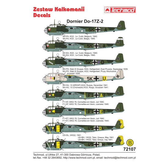 Techmod 72107 1/72 Decal For Dornier Do-17z-2 Accessories For Aircraft