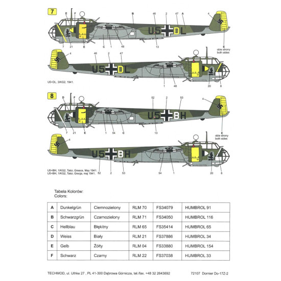 Techmod 72107 1/72 Decal For Dornier Do-17z-2 Accessories For Aircraft