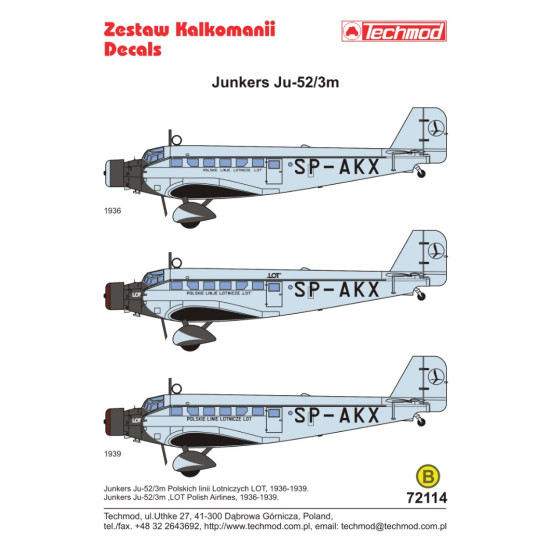 Techmod 72114 1/72 Decal For Junkers Ju-52 Pll Lot Accessories For Aircraft