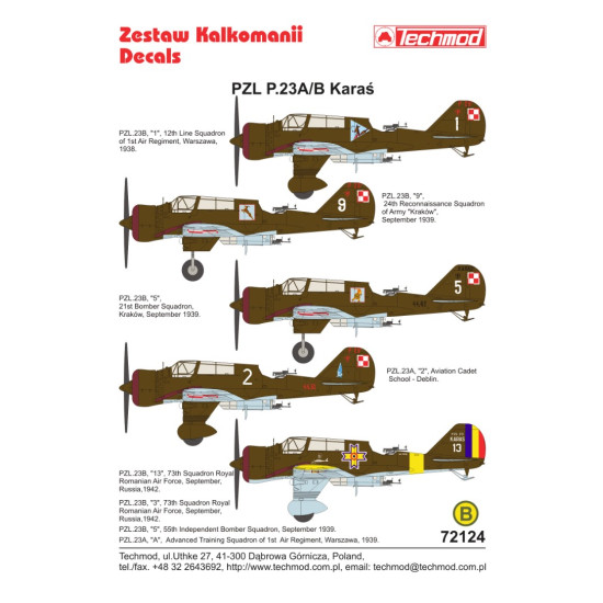 Techmod 72124 1/72 Decal For Pzl-23a/B Karas Accessories For Aircraft