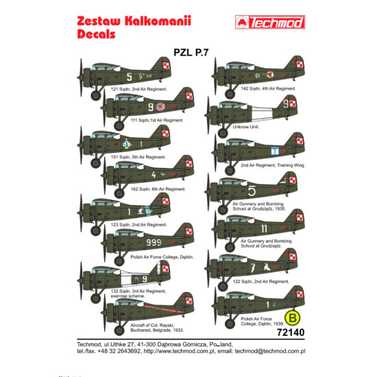 Techmod 72140 1/72 Decal For Pzl P-7 Accessories For Aircraft