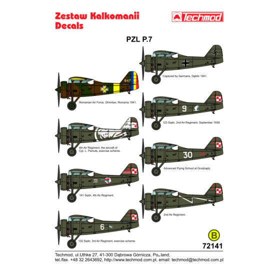 Techmod 72141 1/72 Decal For Pzl P-7 Accessories For Aircraft