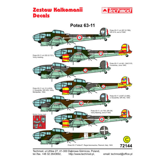 Techmod 72144 1/72 Decal For Potez 63-11 Accessories For Aircraft