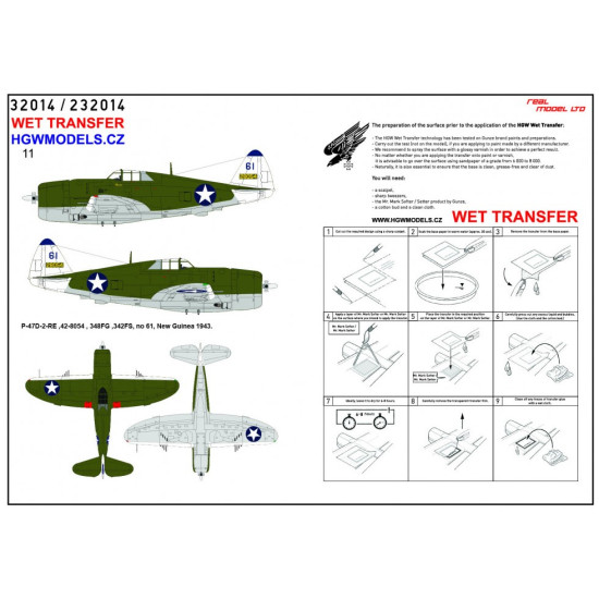 Hgw 232914 1/32 Decal For P-47d Razorback Over New Guinea Pt.1 Wet Transfer Accessories For Aircraft