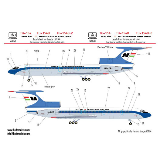 Had Models 144040 1/144 Decal For Tu-154 B/B-2 Malev Accessories Kit