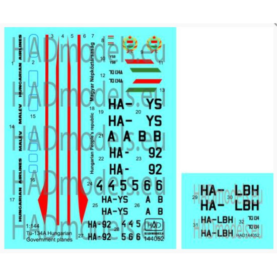 Had Models 144052 1/144 Tu-134 - Tu-134a Government Planes Decal Sheet / Kormanygepek Matric