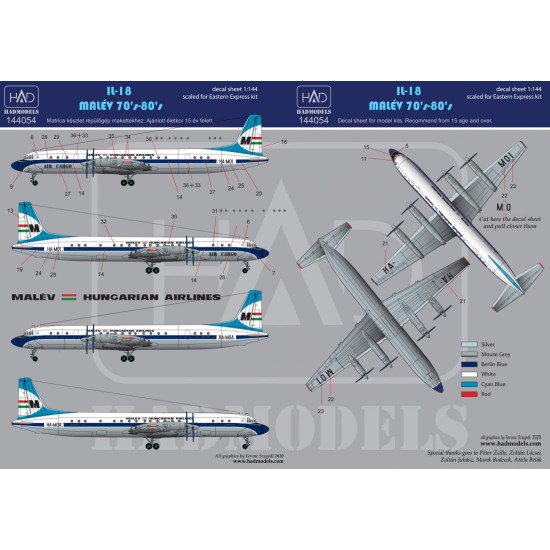 Had Models 144054 1/144 Decal For Il-18 Malev 70s-80s