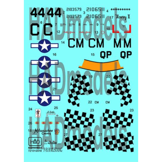 Had Models 72101/2018 1/72 Decal For P-51 B Mustang Reprint