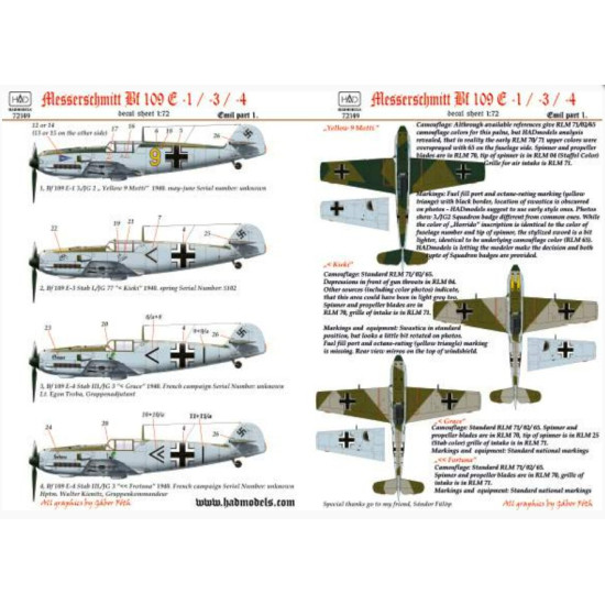 Had Models 72149 1/72 Decal For Me Bf 109 E1/3/4 Kieki Grace Fortuna Motti