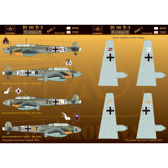 Had Models 72152 1/72 Decal For Messerschmitt Bf 110 D-3 Afrika Part 1