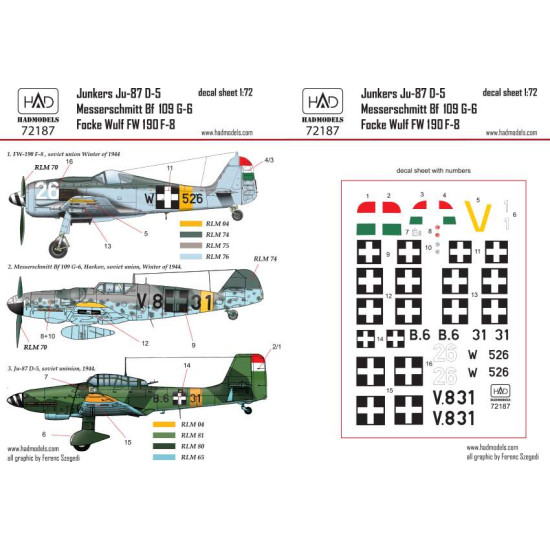 Had Models 72187 1/72 Decal For E Bf 109 G-6 Ju-87 D-5 Fw 190 F-8