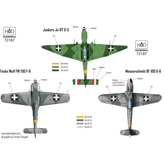 Had Models 72187 1/72 Decal For E Bf 109 G-6 Ju-87 D-5 Fw 190 F-8