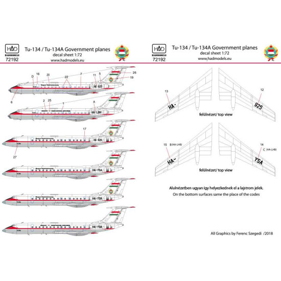 Had Models 72192 1/72 Decal For Tu-134 A Kormanygep / Government