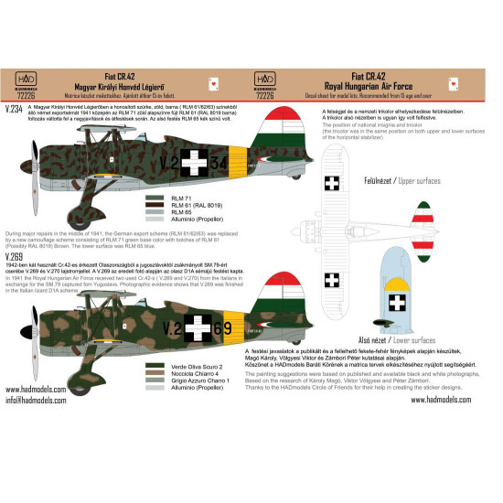 Had Models 72226 1/72 Decal For Cr-42 Royal Hungarian Air Force