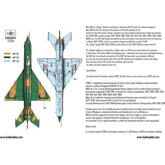 Had Models 72234 1/72 Decal For Mig-21 Mf 9309 Dongo Squadron With Star National Insignias