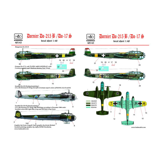 Had Models 48146 1/48 Decal For Dornier Do-215 B-4 / Do-17s Hungarian Swedish German