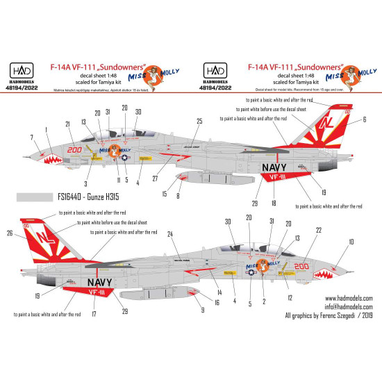 Had Models 48194/2022 1/48 Decal For F-14a Vf111 Sundowners Miss Molly