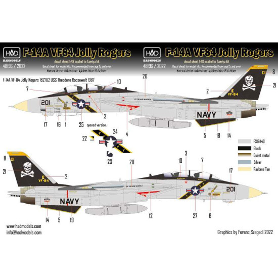 Had Models 48196/2022 1/48 Decal For F-14a Vf-84 Jolly Rogers Buno162702