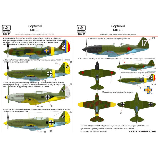 Had Models 48211 1/48 Decal For Captured Mig-3 Accessories Kit