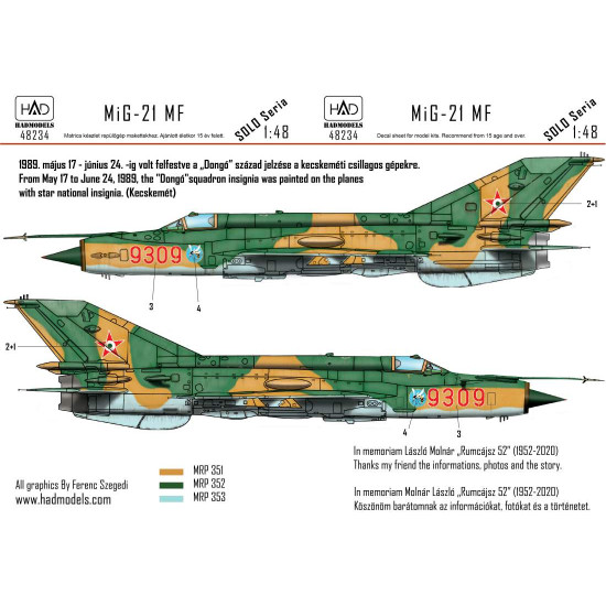 Had Models 48234 1/48 Decal For Mig-21 Mf Hunaf 9309 Dongo Squadron Accesories