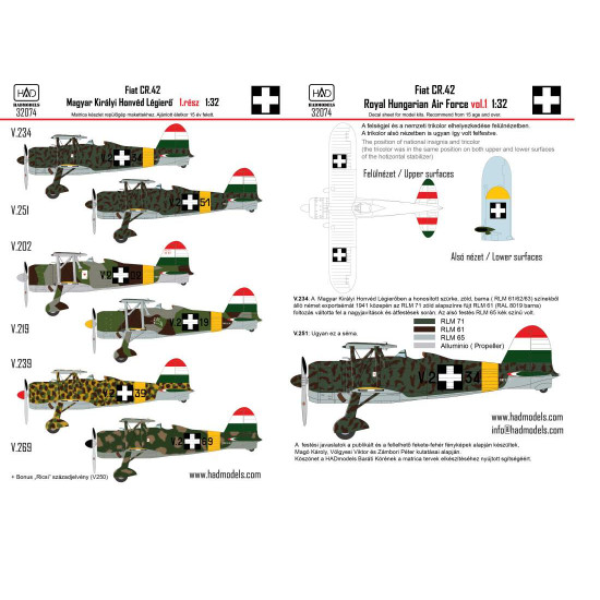 Had Models 32074 1/32 Decal For Cr-42 Royal Hungarian Air Force With Cross Insignias For Icm