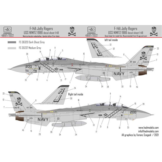 Had Models 48197 1/48 Decal For F-14a Vf-84 Jolly Rogers 1986 Low Visibility With Stencils