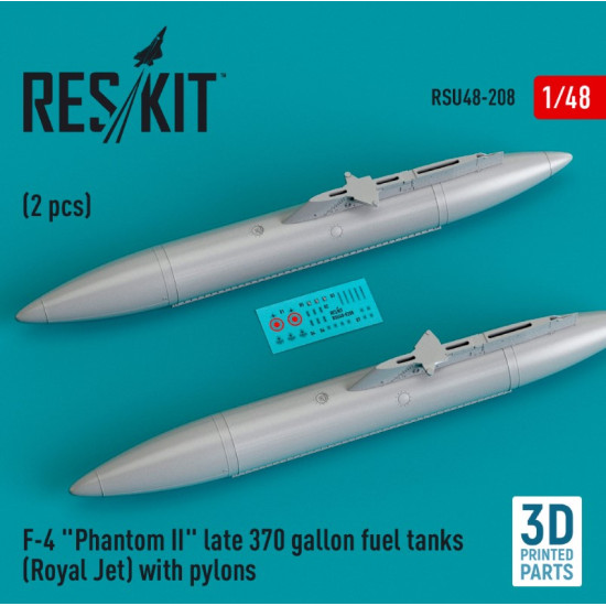 Reskit Rsu48-0208 1/48 F4 Phantom Ii Late 370gallon Fuel Tanks Royal Jet With Pylons 2 Pcs 3d Printed