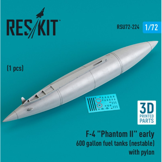 Reskit Rsu72-0224 1/72 F4 Phantom Ii Early 600 Gallon Fuel Tanks Nestable With Pylon 1 Pcs 3d Printed