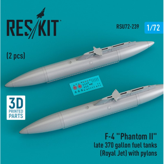 Reskit Rsu72-0239 1/72 F 4 Phantom Ii Late 370 Gallon Fuel Tanks Royal Jet With Pylons 2 Pcs 3d Printed
