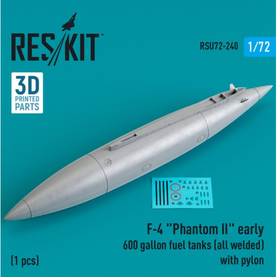 Reskit Rsu72-0240 1/72 F4 Phantom Ii Early 600gallon Fuel Tanks All Welded With Pylon 1 Pcs 3d Printed