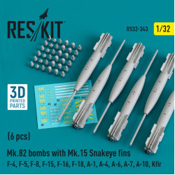 Reskit Rs32-0343 1/32 Mk.82 Bombs With Mk.15 Snakeye Fins F4 F5 F8 F15 F16 F18 A1 A4 A6 A7 A10 Kfir 6 Pcs 3d Printed