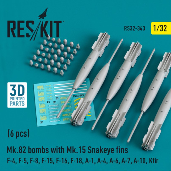 Reskit Rs32-0343 1/32 Mk.82 Bombs With Mk.15 Snakeye Fins F4 F5 F8 F15 F16 F18 A1 A4 A6 A7 A10 Kfir 6 Pcs 3d Printed