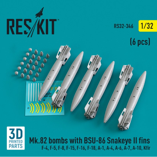 Reskit Rs32-0346 1/32 Mk.82 Bombs With Bsu86 Snakeye Ii Fins F14 Fa18 A6 A7 Av8 S3 6 Pcs 3d Printed