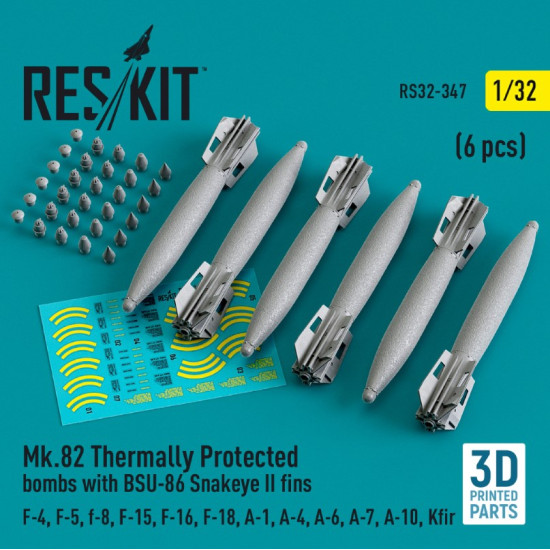 Reskit Rs32-0347 1/32 Mk.82 Thermally Protected Bombs With Bsu86 Snakeye Ii Fins F14 F A18 A6 A7 Av8 S3 6 Pcs 3d Printed