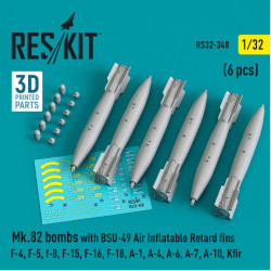 Reskit Rs32-0348 1/32 Mk.82 Bombs With Bsu49 Air Inflatable Retard Fins F15 F16 F111 A10 6 Pcs 3d Printed