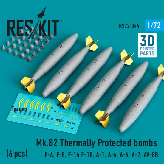 Reskit Rs72-0344 1/72 Mk.82 Thermally Protected Bombs F4 F14 F18 S3 A4 A6 A7 Av 8b 6 Pcs 3d Printed