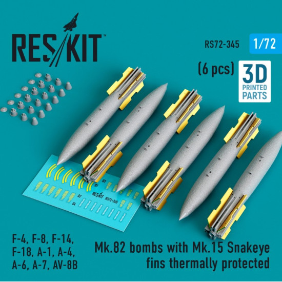 Reskit Rs72-0345 1/72 Mk.82 Bombs With Mk.15 Snakeye Fins Thermally Protected S3 F4 F8 F14 F18 A1 A4 A6 A7 Av 8b 6 Pcs 3d Printed